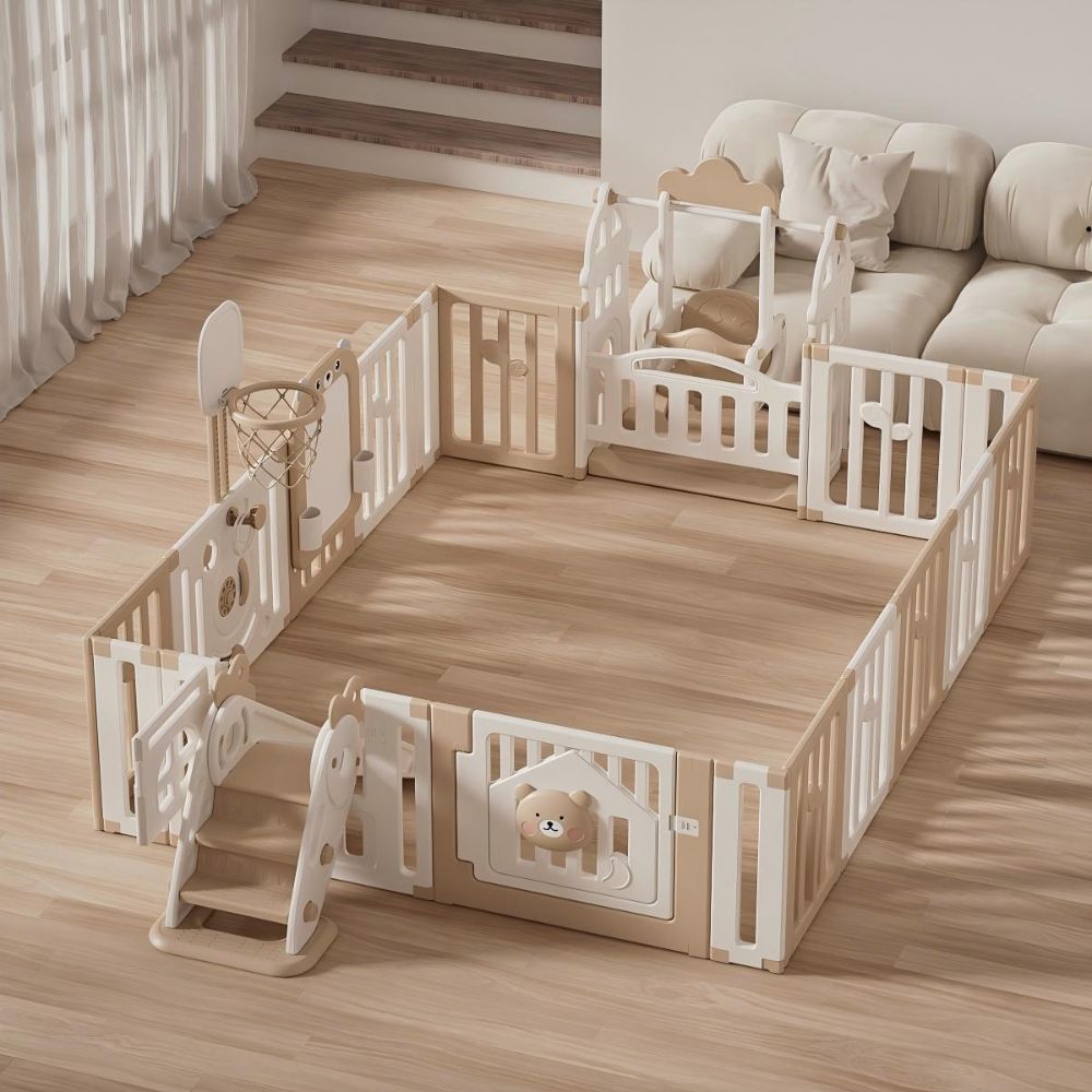 Bear Enclosure Kids Large Playpen Set 17pcs-slide, Swing, Basketball Hoop & More