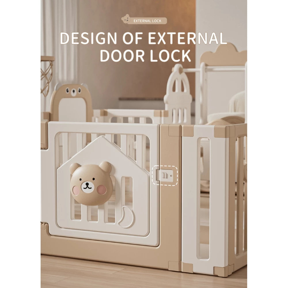 Bear Enclosure Kids Playpen with Basketball Hoop Drawing Board