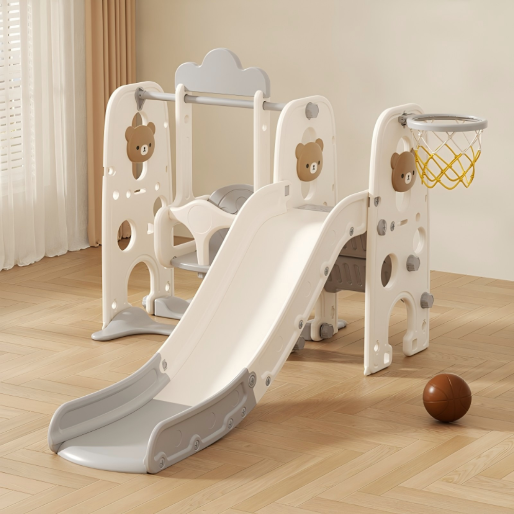 Cute Bear Kids Slide with Swing & Basketball Hoop - Indoor Play Set