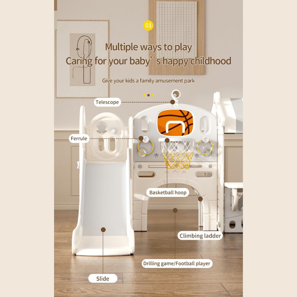 Kids Indoor Tent Slide & Climbing Playset with Basketball Hoop & Telescope