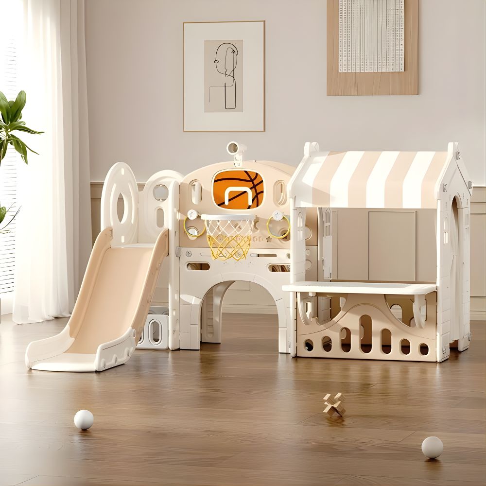 Kids Indoor Tent Slide & Climbing Playset with Basketball Hoop & Telescope