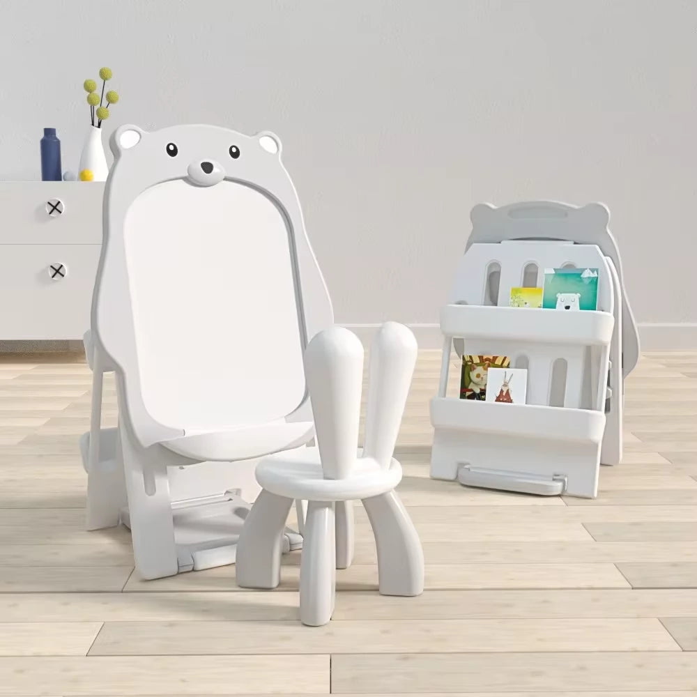 Kids Magnetic Drawing Board with Bookshelf and Chair