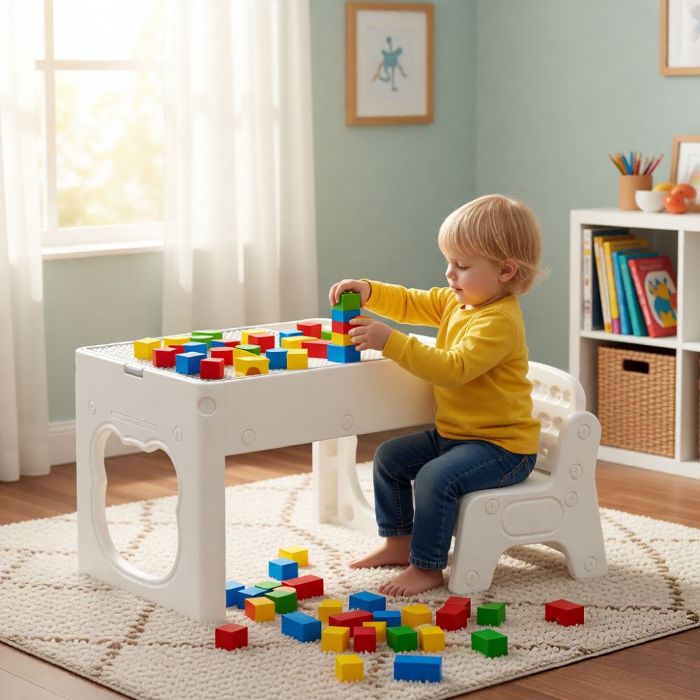 Kids Multifunction Activity Table with 2 Chairs & Building Blocks