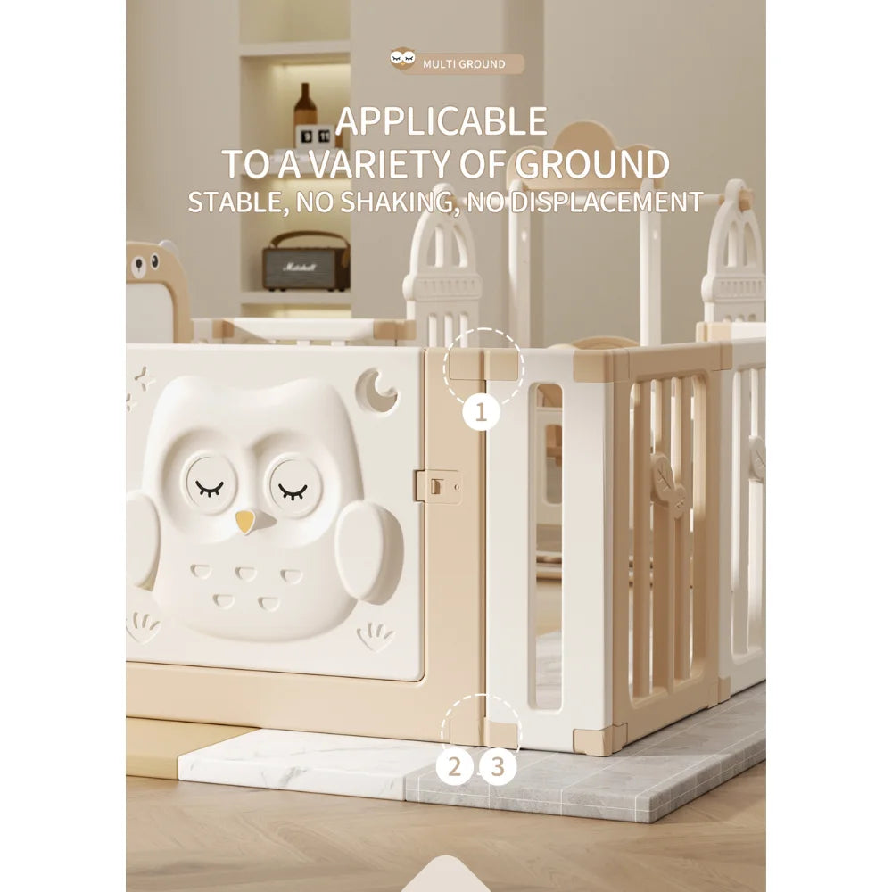 Kids Playpen New Owl Design with Basketball Hoop & Drawing Board