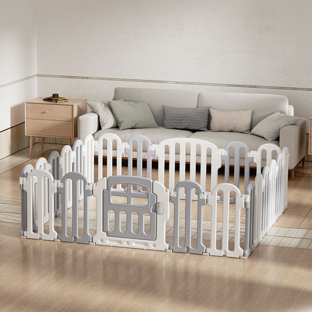 Modular Baby Playpen with Safety Gate & Lock, Grey & White
