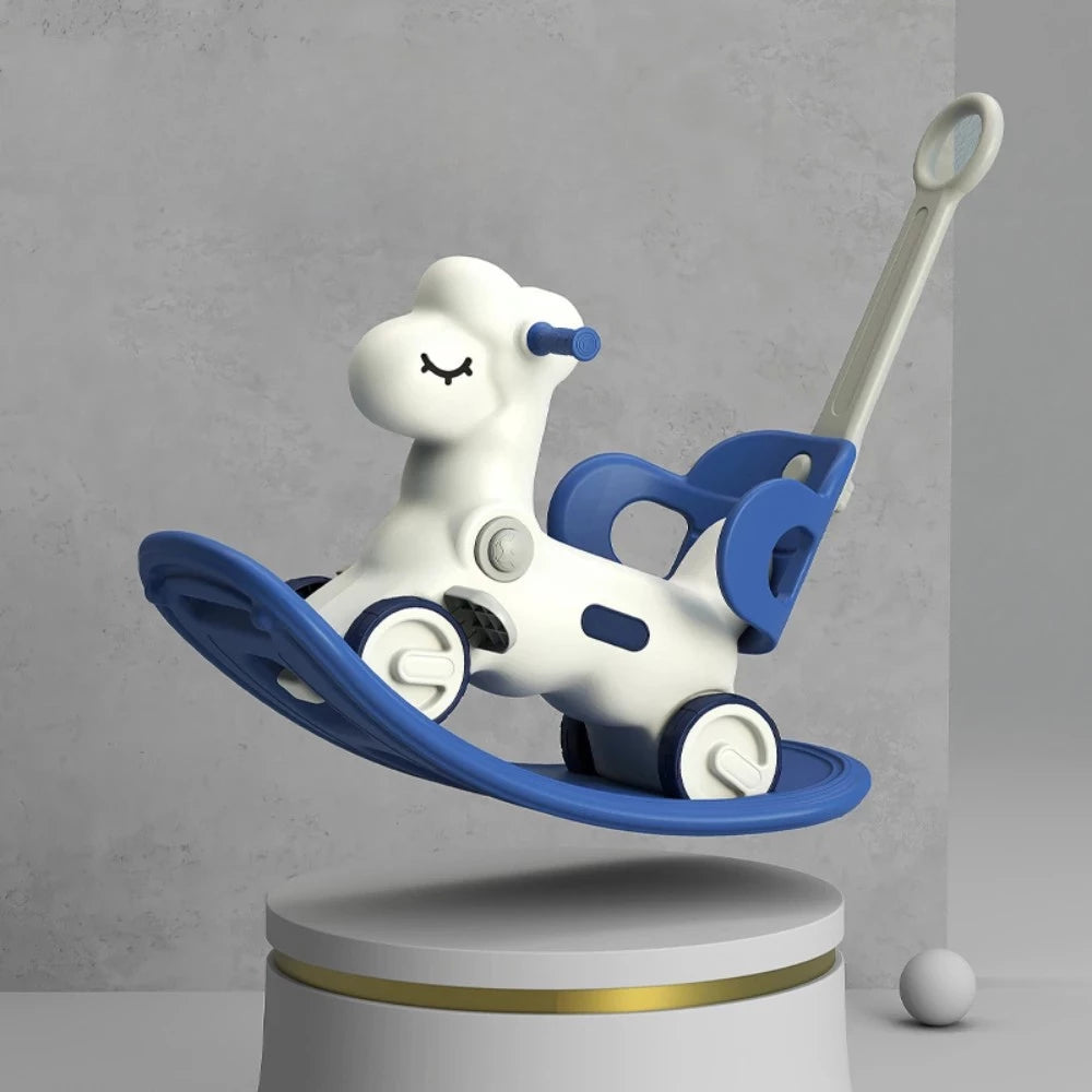 Children's toy Rocking Horse
 With a white animal figure on a blue platform against a gray background
