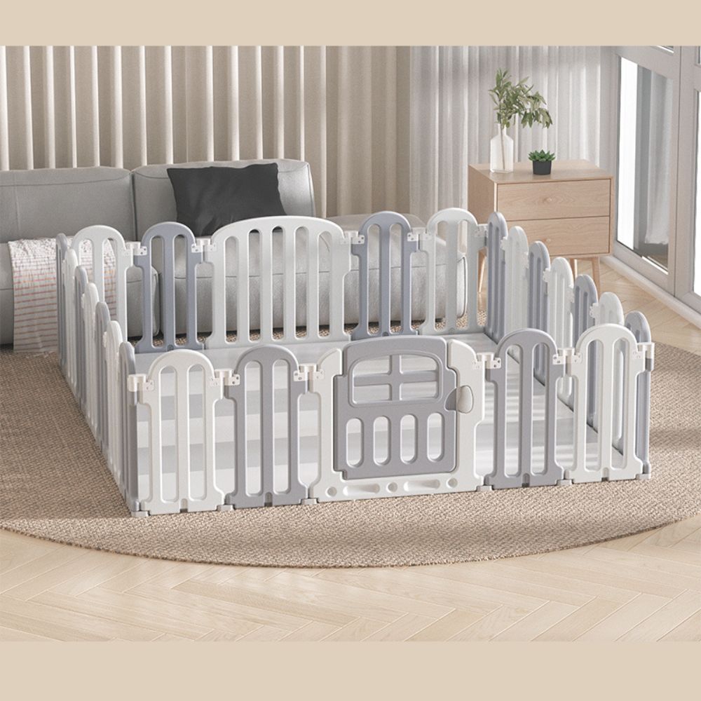 Modular Baby Playpen with Safety Gate & Lock, Grey & White