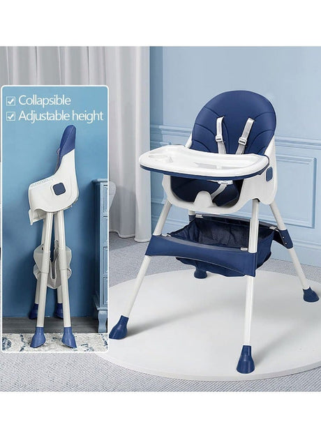 Dark blue baby high chair showing collapsible frame and adjustable height
