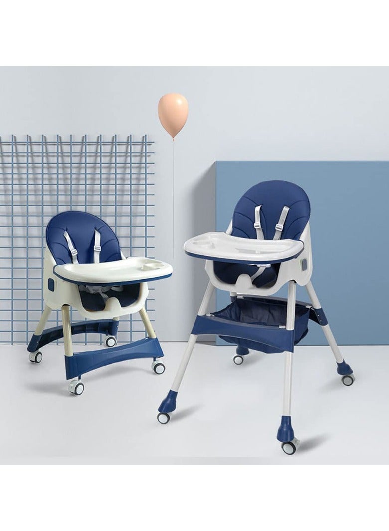 Dark blue 4-in-1 baby high chair shown in two height configurations