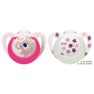 NUK Star Day & Night Silicone Soother - 2Pk - 0-36 Months - KiwiBargain